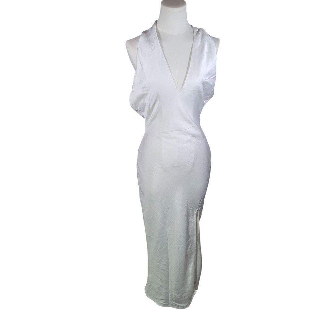lulus White Halter Backless Midi Dress With Plunge Neckline & Side Slit Size S